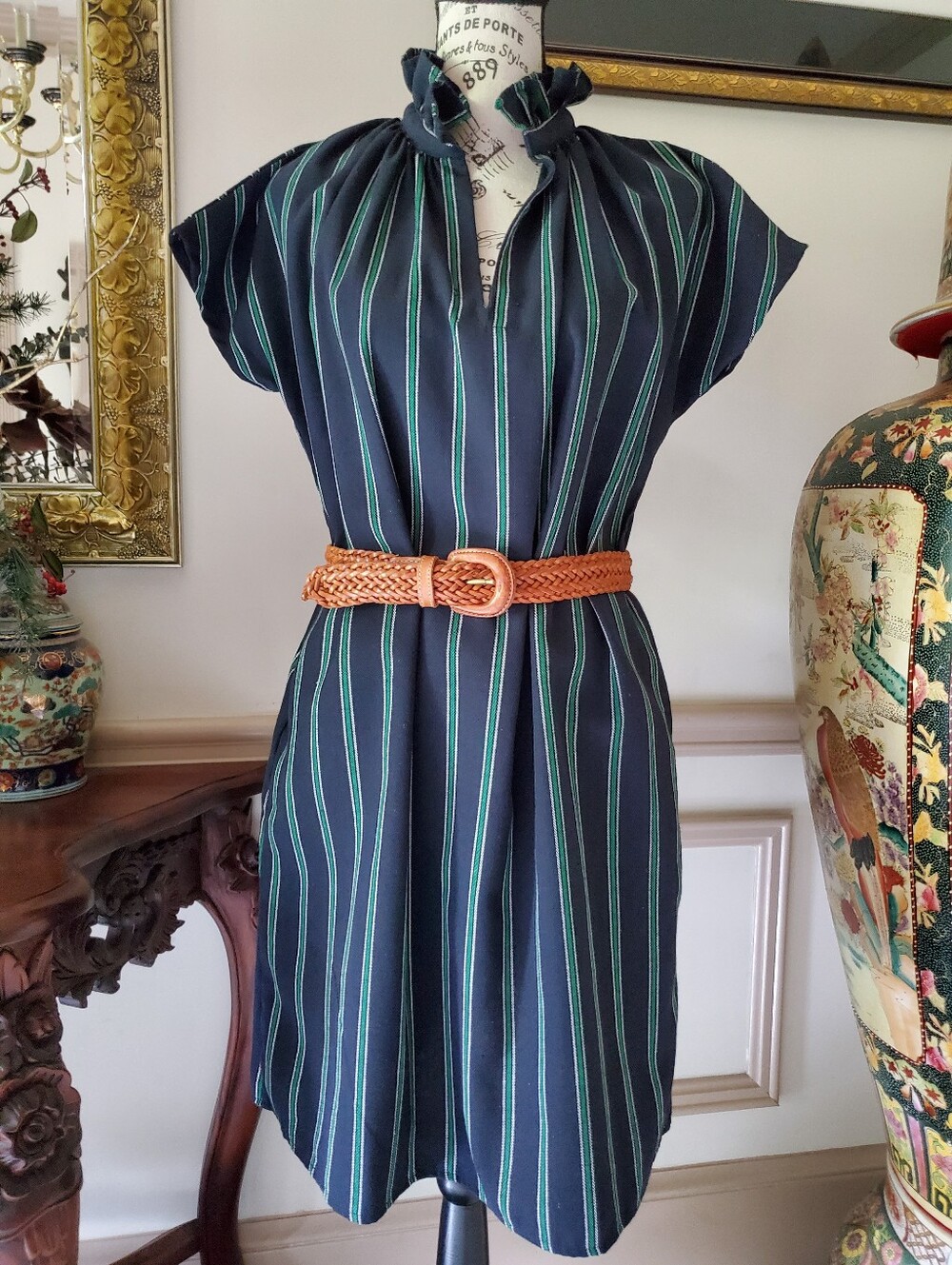 Never A Wallflower Short Sleeve  Vicki Dress Navy/Green Stripes